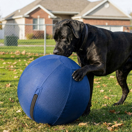 Black dog resting a paw on the blue herding ball in a backyard