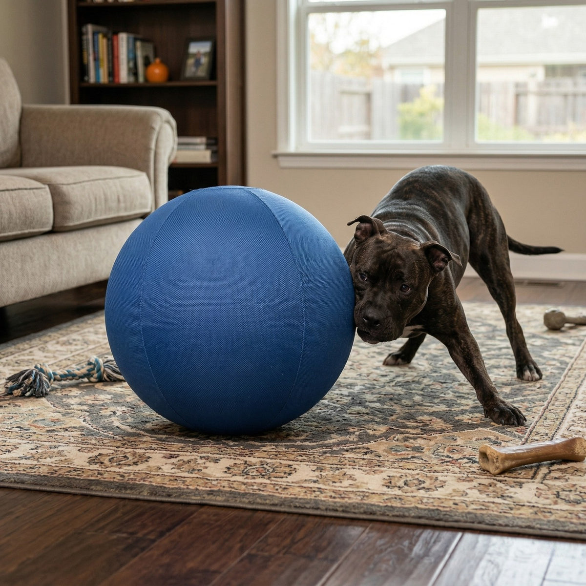 The blue herding ball indoors beside a dog