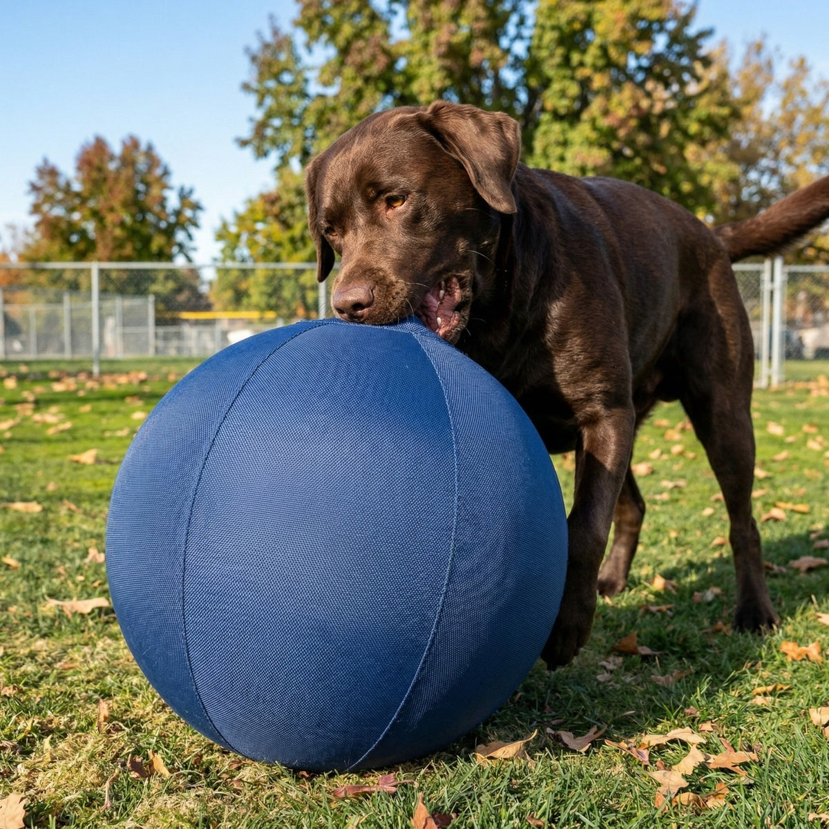 Dog chasing the blue herding ball across the grass
