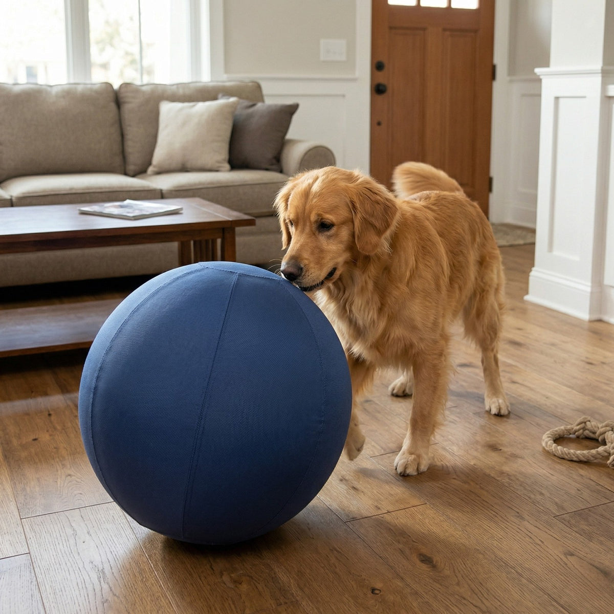 Dog playing with the blue herding ball at home